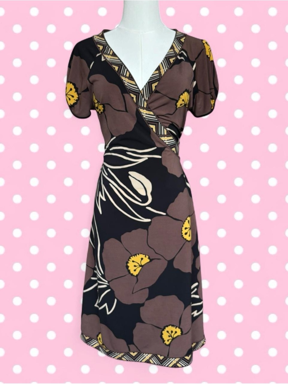 BCBGMaxAzria Black Floral Wrap Midi Dress with Brown and Yellow Accents